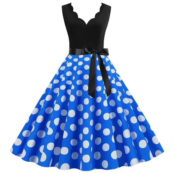 Femmes rétro robes d'été 50s 60s sans manches col en v à pois nœud boule cultivé fête Robe d'été Rob