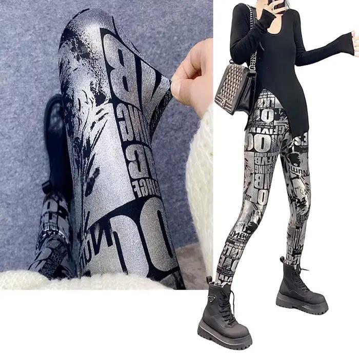 Automne hiver mode femmes métallique Graffiti imprimé Leggings imprimé brossé Leggings or argent dam