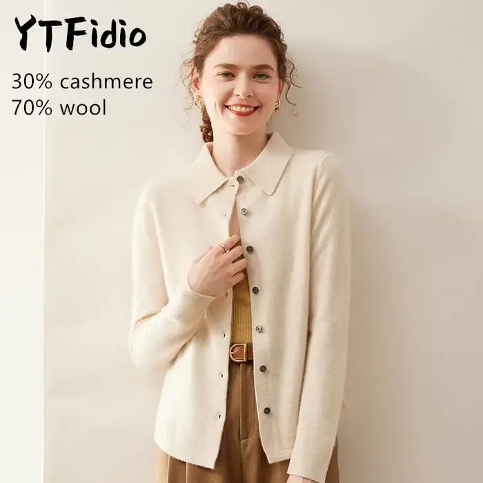 YTFidio cachemire laine mérinos pull femmes col POL à manches longues haut de luxe vêtements de créa
