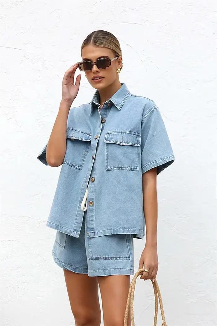 Costumes en denim vintage High Street pour femmes, manches courtes, chemise boutonnée confortable, e