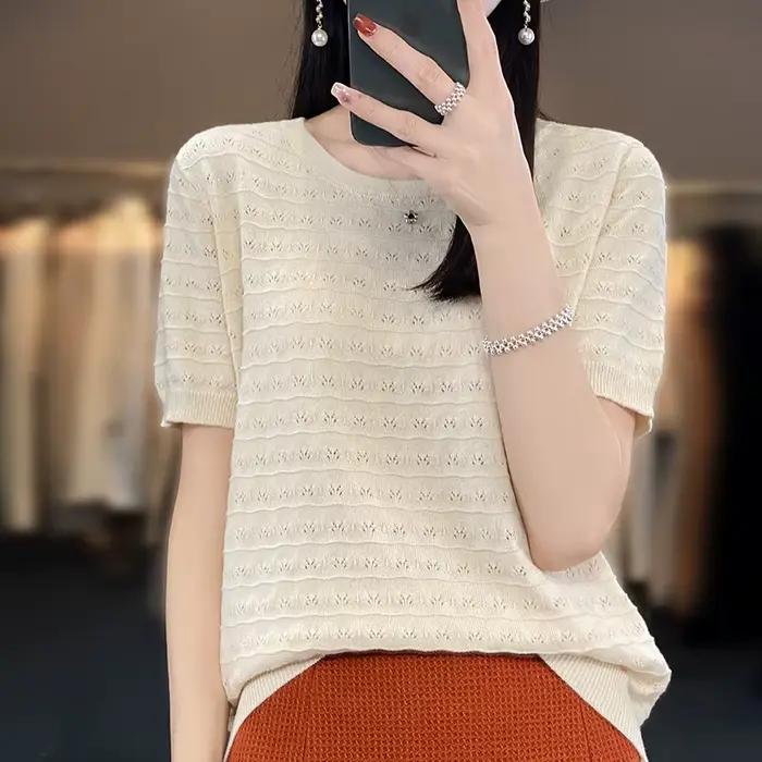 Pull décontracté à col rond pour femme, 2023 coton, manches courtes, haut tendance coréen, été, nouv