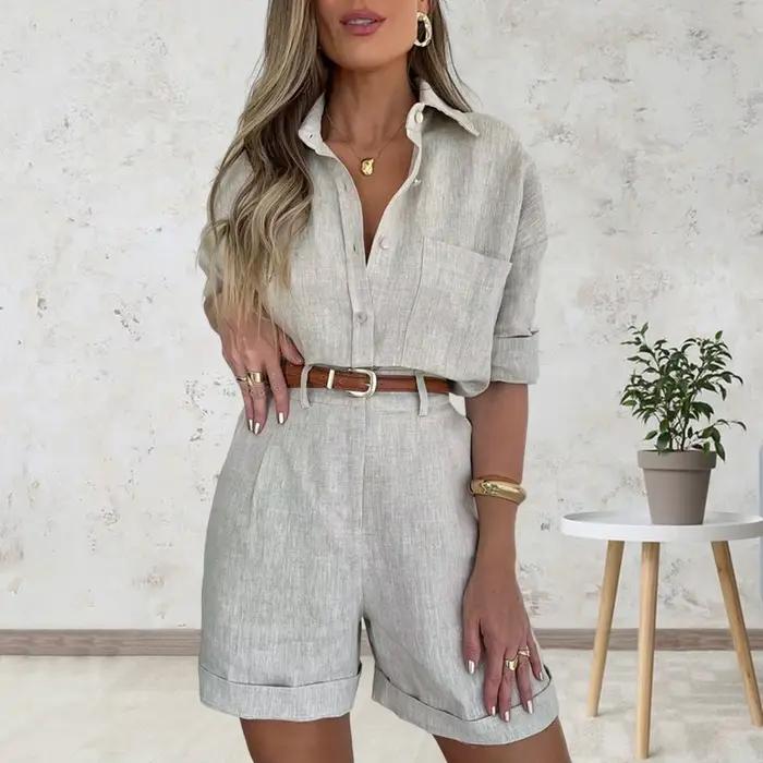 Ensemble de short 2 pièces blanc pour femme, chemise à revers à manches longues, short taille haute,