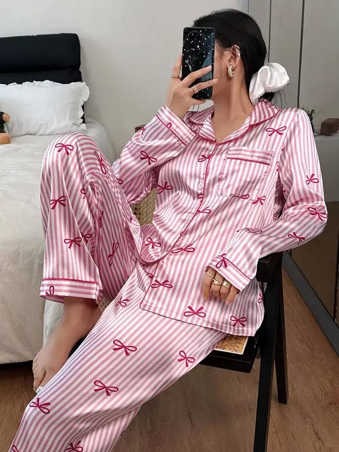 Ensemble pyjama décontracté pour femmes, haut à manches longues et pantalon en satin rose, avec impr