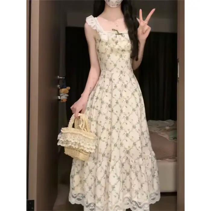 Robe imprimée pastorale française pour femmes, douce, douce, voyage d'été, plage, longue robe à carr