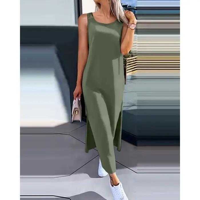 Robe d'été sans manches, ajourée, Sexy, ample, mode, fente unie, robes décontractées, col rond, mi-l