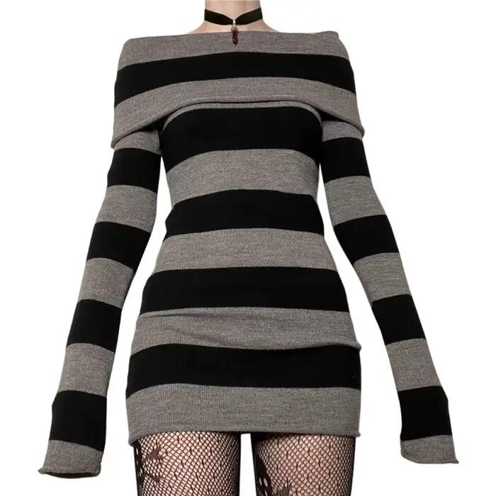 Y2K Pull Rayé Mini Robe Mall Goth Grunge Emo Moulante Chic Femmes Hors Épaule Manches Longues Slim F