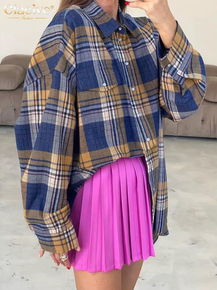 ClacMarkets-Chemisier à carreaux à manches longues pour femmes, haut surdimensionné vintage, chemise