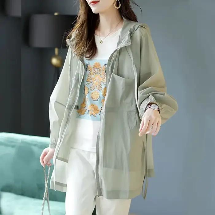 Lightweight Hooded Sunscreen Jacket Women's Mid-Long White Windbreaker Waist-Breathable Summer 2022 