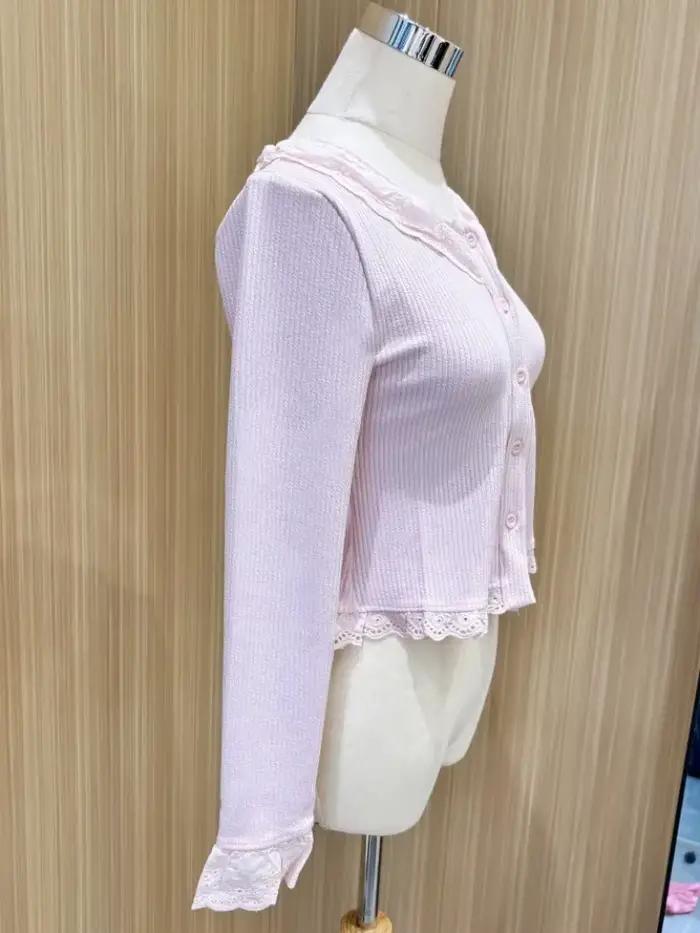 Chemisier Lolita en dentelle pour femme, tricot, coréen, élégant, manches longues, japonais, décontr