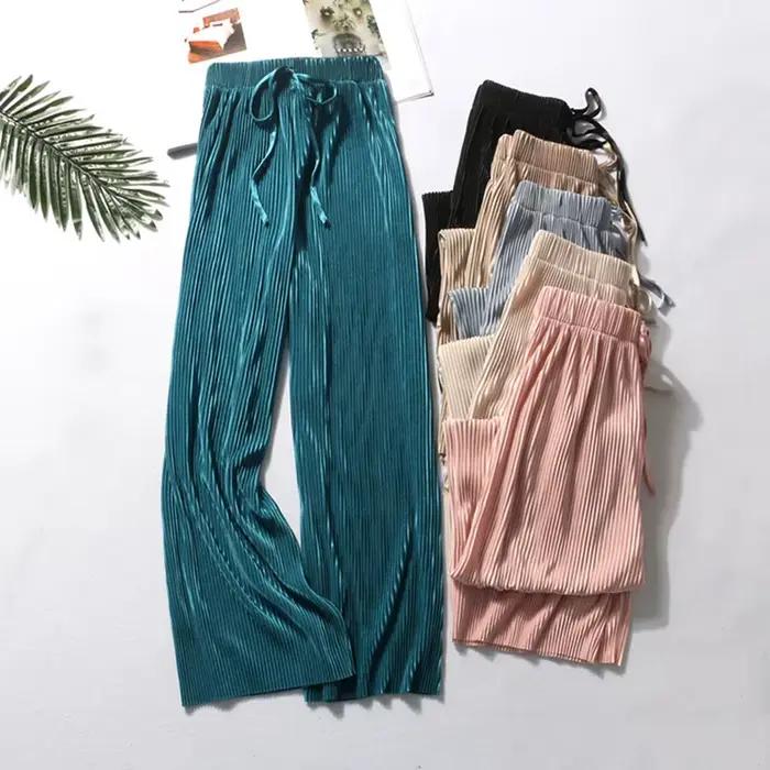 2025 femmes plissées en vrac glace soie coréen décontracté pantacourt jambe large pantalon maison cl