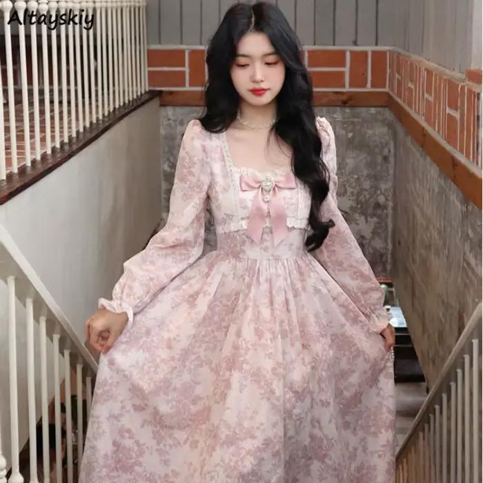 Robe mi-longue à manches longues pour femmes, douce princesse, imprimé Floral, taille flatteuse, nœu