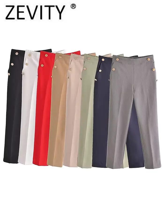 Zevity-Pantalon Crayon Décontracté pour Femme, Mode, Solide, Document, lèvent Dorés, Chic, Longueur 