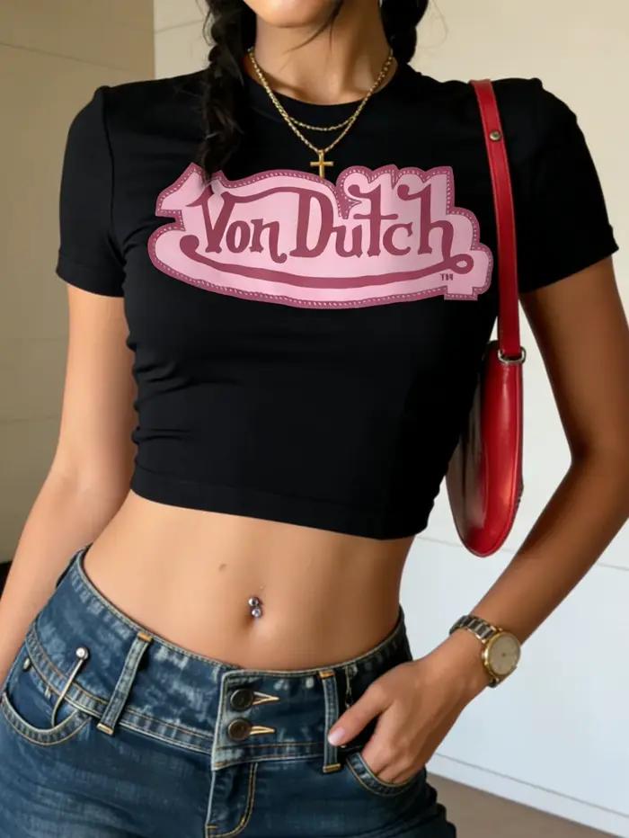 T-shirt à manches courtes pour femme, col rond, imprimé lettres rétro - T-shirt décontracté à rayure