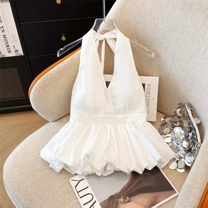 Haut d'été à col en v pour femmes, avec soutien-gorge intégré, cintré à la taille, dos ouvert, ourle