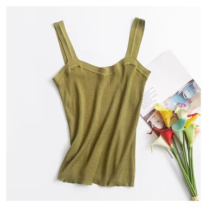 Chemise tricotée en soie et coton pour femmes, coupe cintrée, élastique, bas en soie de mûrier, coul
