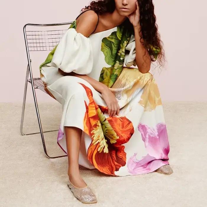 Sexy dame col incliné taille haute Robe Robe plage vacances fleur imprimé tenue décontractée printem