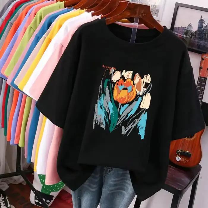 T-shirt manches courtes col rond femme, estival et basique, avec peinture florale, noir et blanc, gr