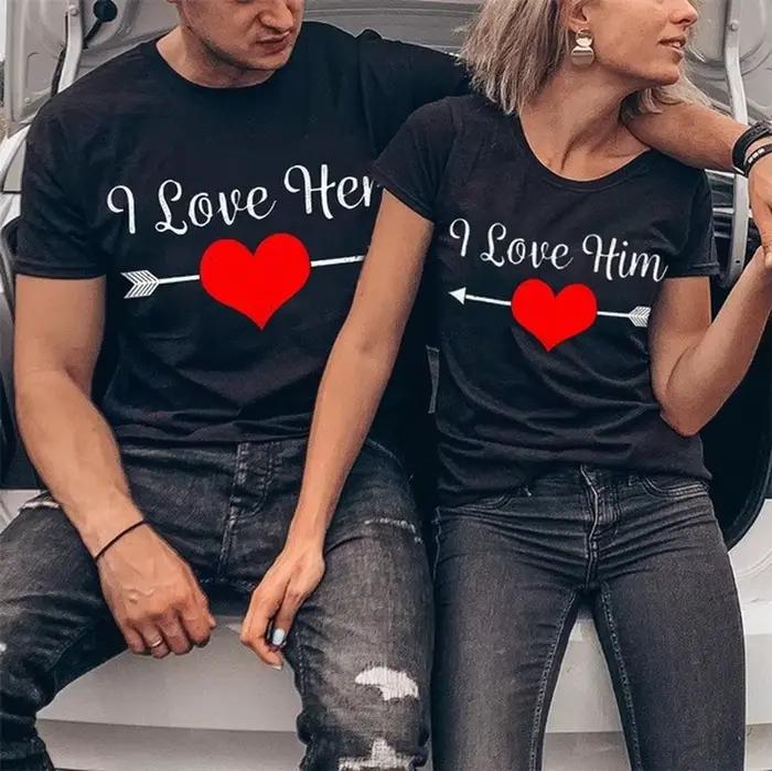 T-shirt col rond pour couple, estival et décontracté, avec I Love Him, King Queen, pour amoureux