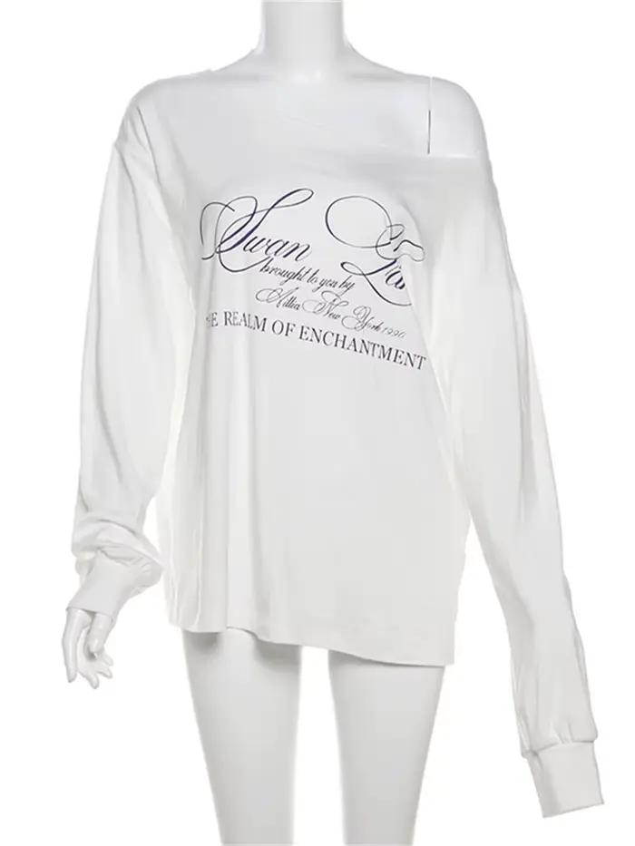 Sisterlinda quotidien Style polyvalent T-Shirts femmes lettre impression épaule inclinée manches lon