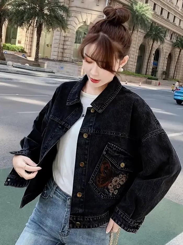 Veste en jean décontractée pour femme, papillon, fleur, lettre brodée, manteau en coton, bouton d'ex