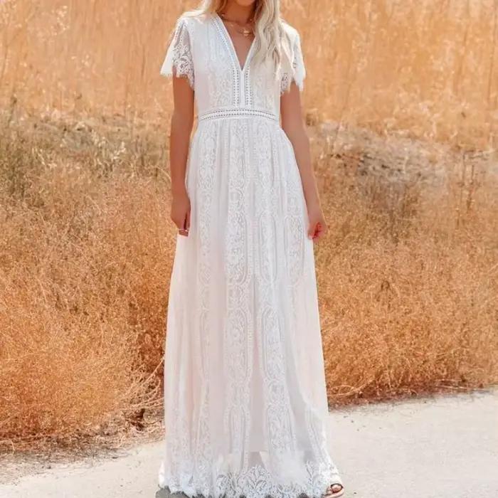 Robe en dentelle taille haute à col en V pour femmes, robes de soirée élégantes, longue robe de plag
