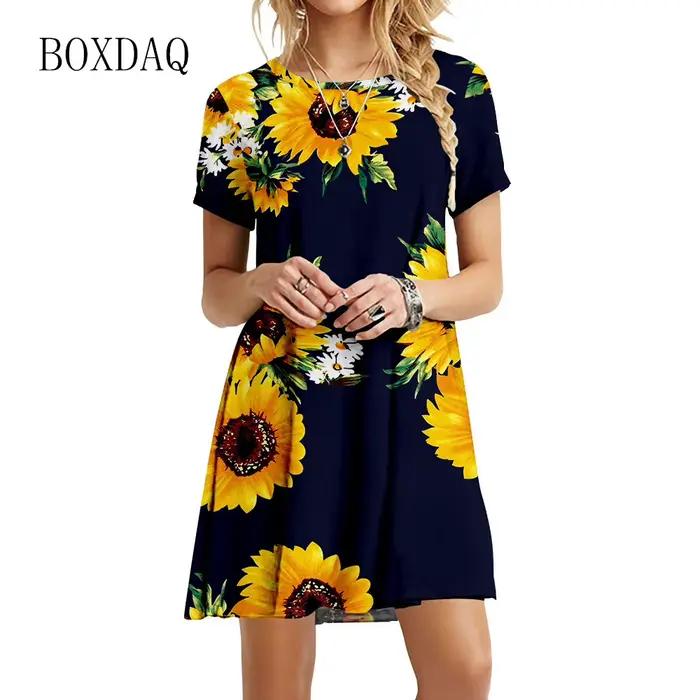 Robe à imprimé tournesol Boho pour femmes, robes à col rond pour dames, manches courtes, décontracté