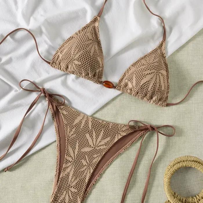 Maillot de bain deux pièces en tissu texturé pour femmes, ensemble deux pièces, avec cravate perlée,