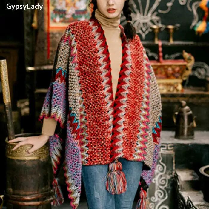 Pouvez-vous psyLady-Poncho Vintage Boho Everaks pour femme, Capes, Top, Floral, Pampilles, Chic, Rou