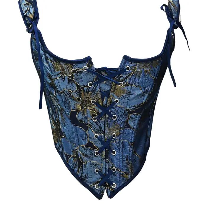 Corset Bustier bleu marine pour femmes, imprimé Floral, corsage Vintage, taille fine, à lacets sur l