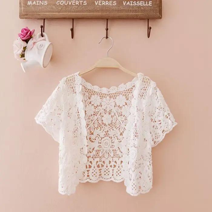 Femmes manches courtes Crochet haussements d'épaules évider fleur dentelle ouvert devant recadrée Ca