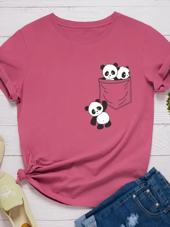 Poche Panda imprimer femmes t-shirt à manches courtes col rond lâche femmes t-shirt dames mode t-shi
