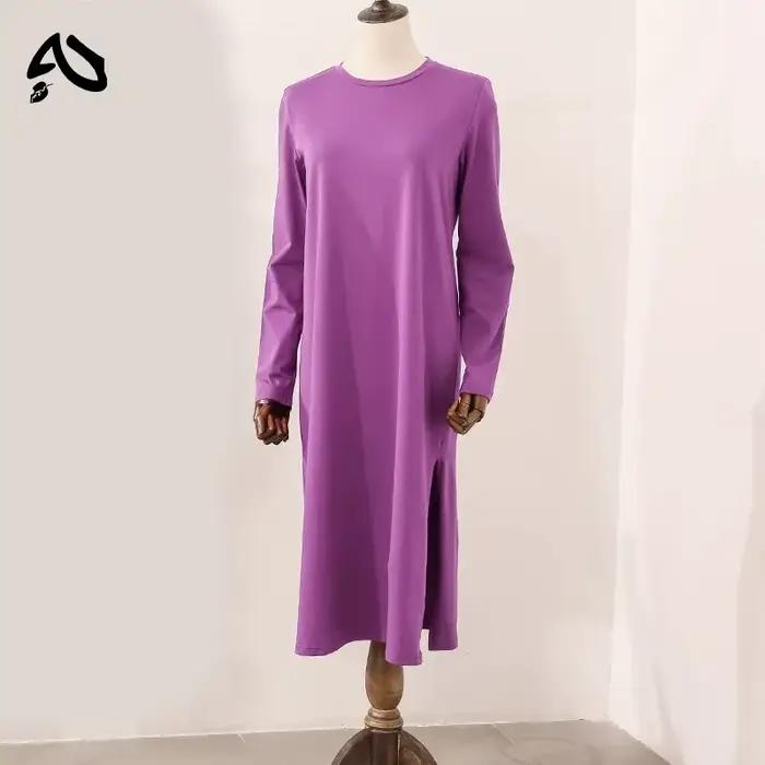 Robe longue décontractée en coton pour femme, ample, à manches longues, col rond, couleur unie, styl