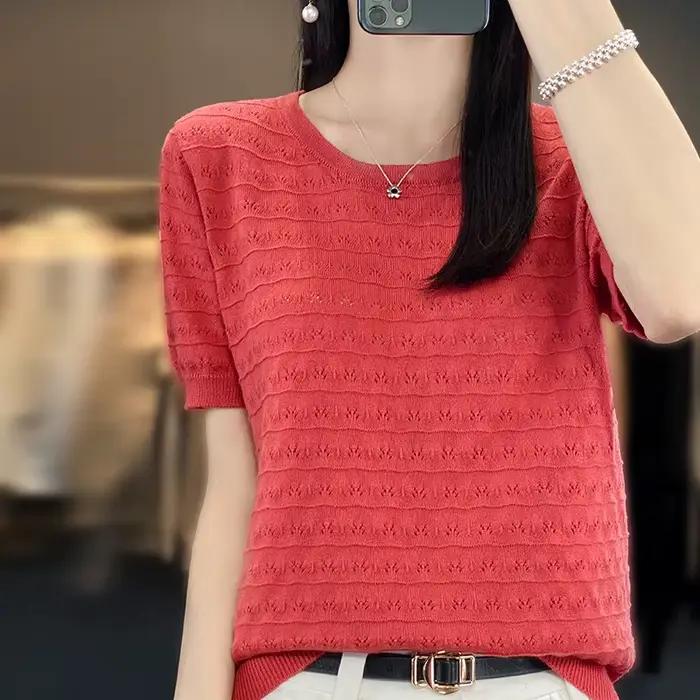 Pull décontracté à col rond pour femme, 2023 coton, manches courtes, haut tendance coréen, été, nouv