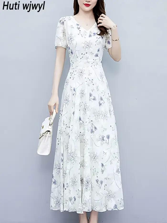 Robe longue à fleurs blanches, style boho décontracté, tenue de plage, vacances, manches courtes, él