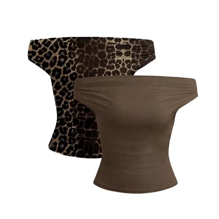 2 pièces ensemble plissé asymétrique haut court femme T-shirts haut sans bretelles femme sans manche