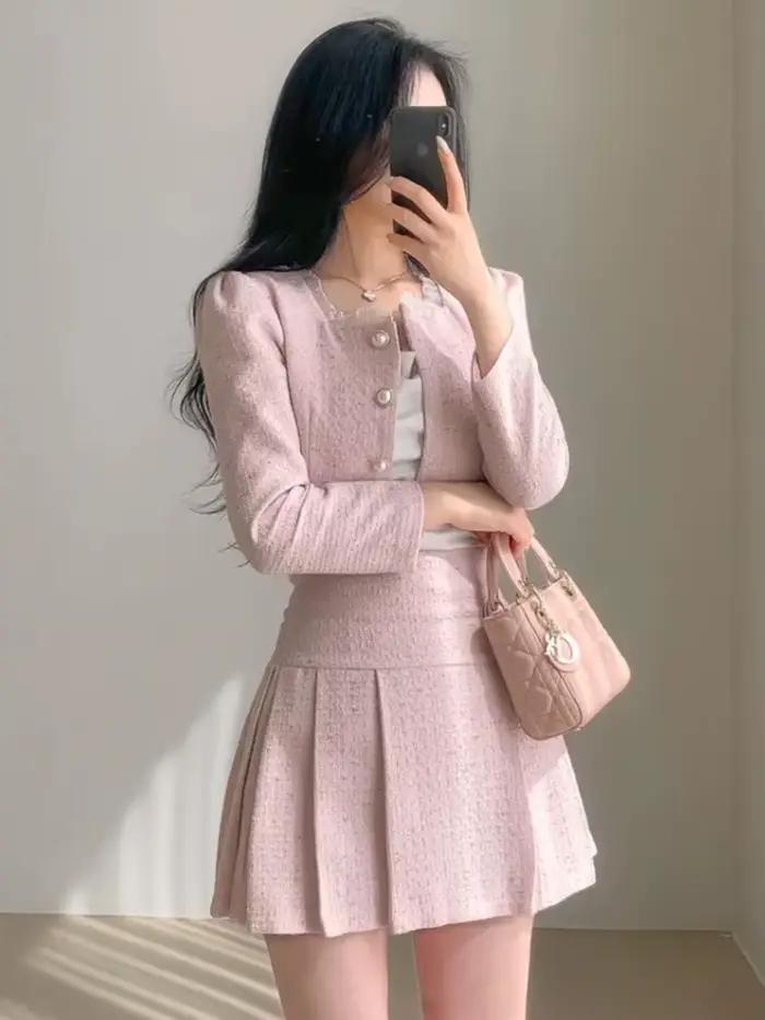 Ensemble deux pièces parfumé pour femme, veste courte, manteau et jupe, châssis, petite tenue, haute