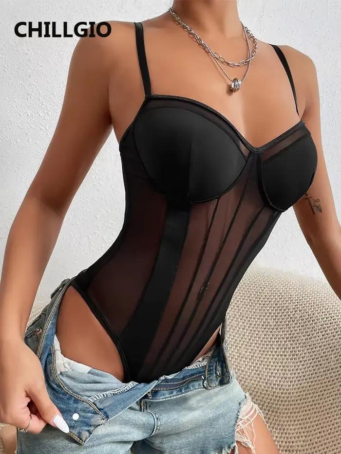 CHILLGIO été Spaghetti sangle femmes body Streetwear mode élastique barboteuses noir col en V Club m