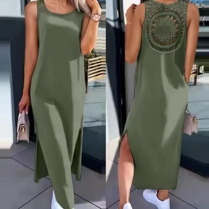 Robe d'été sans manches, ajourée, Sexy, ample, mode, fente unie, robes décontractées, col rond, mi-l
