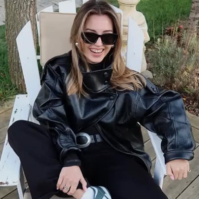 HXAO Veste bombardier asymétrique en simili cuir pour femme, courte, noire, surdimensionnée, à la mo