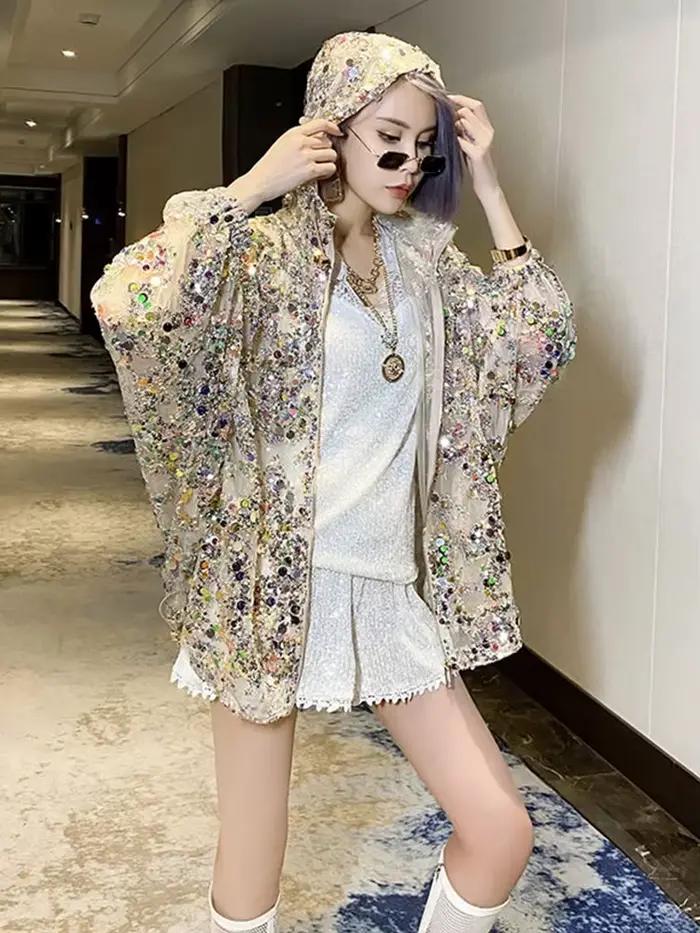 AmaxluluE 2025 été britannique Streetwear dames paillettes à capuche vestes amples femmes Vintage fe