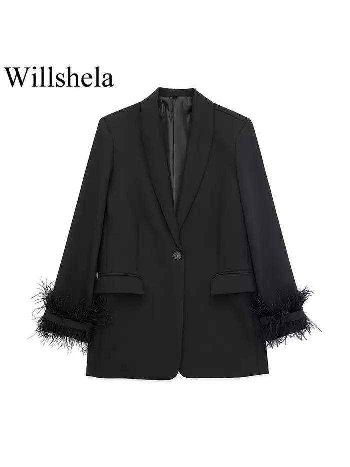 Willshela femmes mode Satin noir avec plume Blazer veste Vintage col cranté bouton unique manches lo
