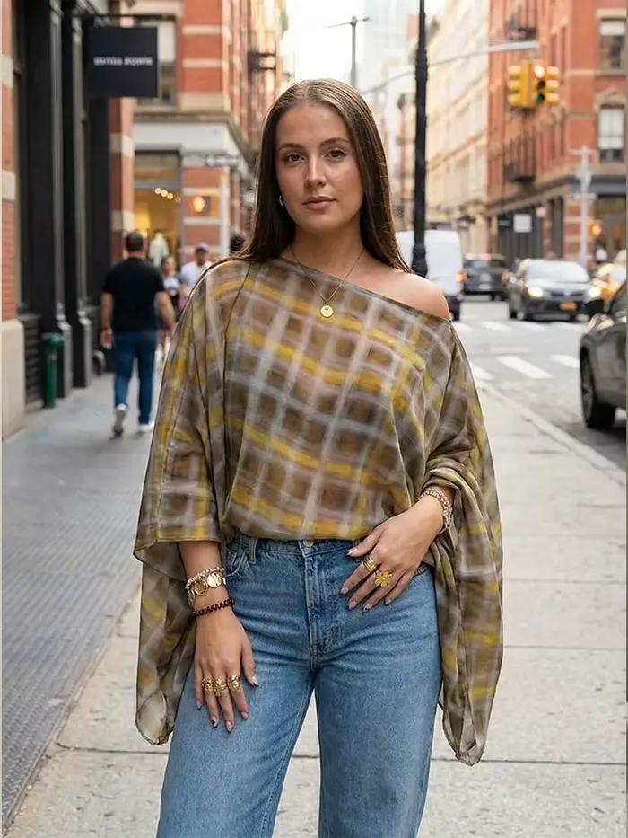 HH femmes mode Plaid imprimé Blouse Vintage décontracté ample asymétrique ourlet hauts avec écharpe 