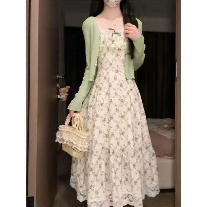 Robe imprimée pastorale française pour femmes, douce, douce, voyage d'été, plage, longue robe à carr