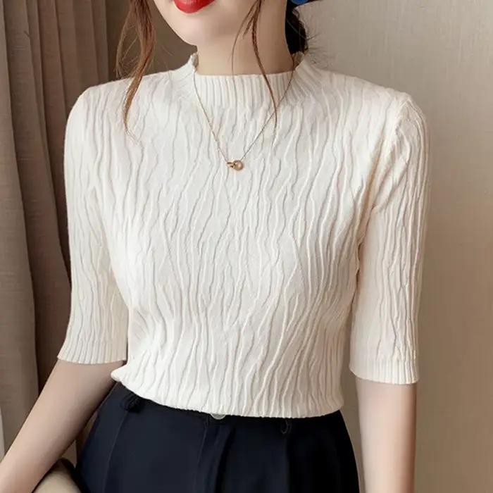 Pull uni à manches courtes pour femmes, pull côtelé, mode coréenne, vêtements féminins minces décont