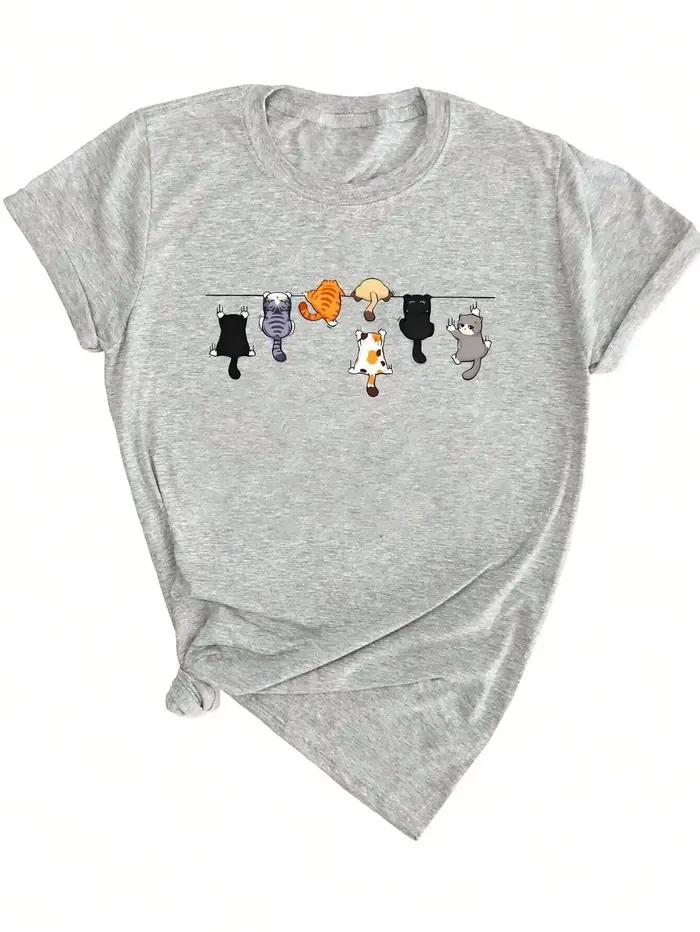 Femmes mignon chat imprimé col rond à manches courtes t-shirt style décontracté blanc à manches cour