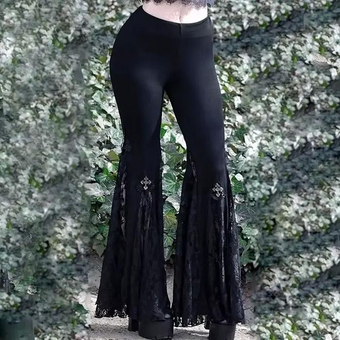 Goth – pantalon évasé en dentelle noire, Sexy, Patchwork, taille haute, Vintage, Harajuku, Hippie, P