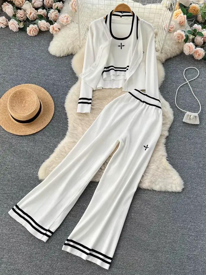 Streetwear tricoté ensemble 3 pièces pour femmes, Cardigan à manches longues manteau + Camisole + pa