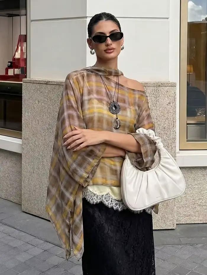 HH femmes mode Plaid imprimé Blouse Vintage décontracté ample asymétrique ourlet hauts avec écharpe 