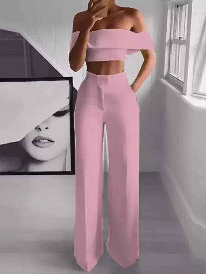 2025 été solide décontracté deux pièces ensemble femmes Sexy haut court jambe large pantalon tenues 