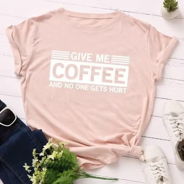 T-shirt manches courtes col rond pour femme, estival et estival, avec lettres imprimées "Give Me Cof